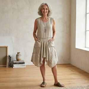 Tempo Paris | Beige 100% Linen Lagenlook Asymmetrical Midi Dress Size M